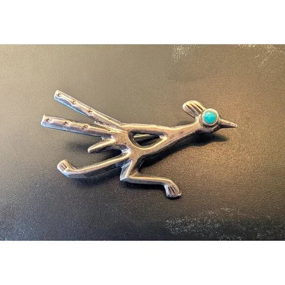 Native American Navajo Sterling Silver & Turquoise Roadrunner Pin Brooch 6.3g